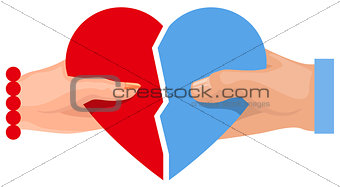 Female and male hand holding heart symbol of love. Two half heart