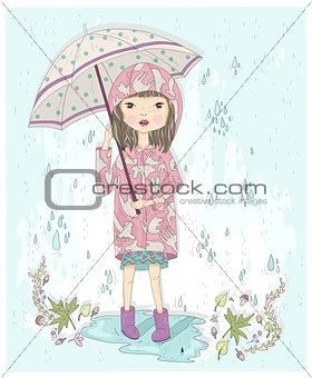 Cute little girl holding umbrella. Autumn background with rain