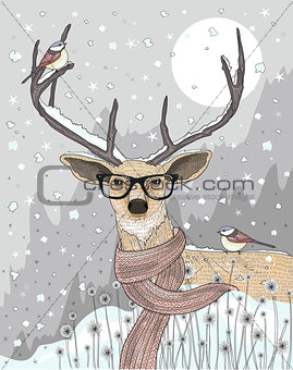 Cute hipster  deer with scarf and glasses. Winter night