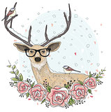 Cute hipster deer with glasses, flowers, and bird.