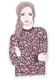 Young girl with animal print jumper. Fashion illustration