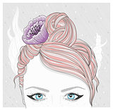 Young girl with flower in her hair. Fashion illustration.