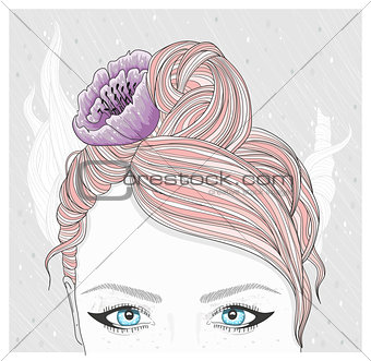 Young girl with flower in her hair. Fashion illustration.