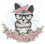 Cute hipster cat with glasses, scarf and flowers.