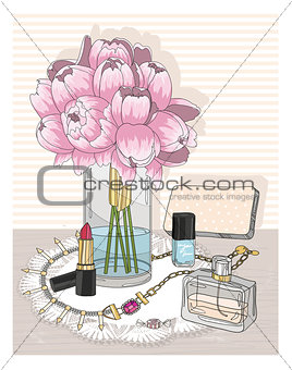 Fashion essentials. Background with jewellery, perfume, make up