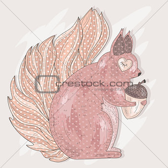 Cute pink squirrel holding acorn. Illustration for kids