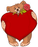 Brown bear holding heart and rose flower. Greeting Card Valentines Day