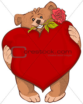 Brown bear holding heart and rose flower. Greeting Card Valentines Day