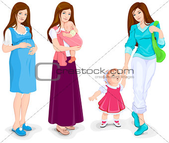Young pregnant woman. Mother and toddler walking. Young mother and little child.