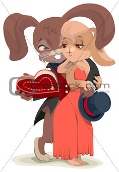 Valentines Day card. Rabbit embracing his beloved. Love gives his girlfriend jewelry