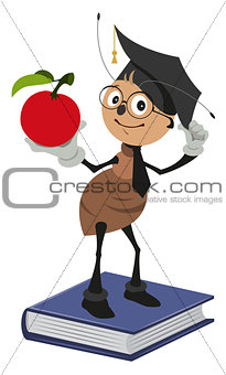 Ant teacher standing on books and holding red apple