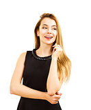 Happy Woman in Black Dress Isolated on White