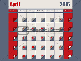 Gray Red colored 2016 april calendar