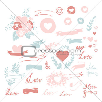 Set of cute small hand drawn hearts, ribbons, leaves and branches with love lettering