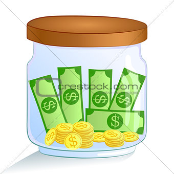 Saving money jar. Vector illustration.