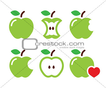 Green apple, apple core, bitten, half vector icons