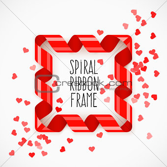 Square frame of red spiral ribbon with hearts confetti