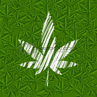 White grunge cannabis leaf on green pattern
