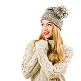Happy Woman in Winter Sweater and Hat