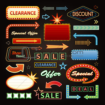 Retro Showtime Signs Design Elements Set. Bright Billboard Signage Light Bulbs, Frames, Arrows, Icons and Neon Lamps