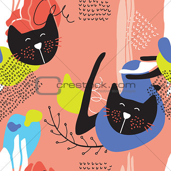 Hand drawn abstract seamless background pattern with cute cats
