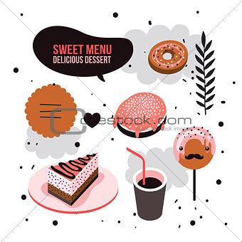Delicious dessert design elements set Donut Cake Coffee cup Lollipop