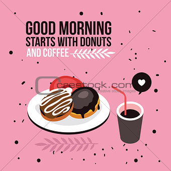 Perfect breakfast Donuts Coffee background Modern flat isometric design style