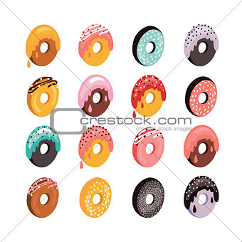 Delicious donut icon set Sweet dessert flat isometric 3d design 