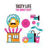 Donut Coffee online shopping infographic Flat 3d isometric design style