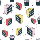 Piece of cake muffin dessert Delicious food seamless background pattern