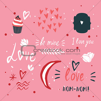 St Valentines Day lettering and cute design elements collection