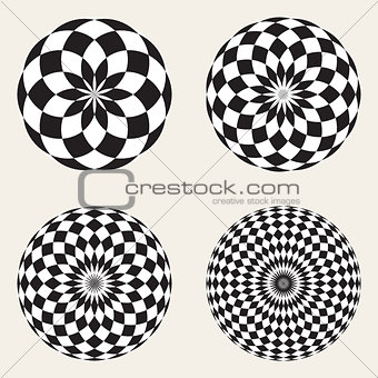 Set of Four Vector Black White Spirograph Circle Geometric Design Elements