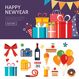happy new year gift box banner flat design