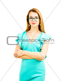 Elegant Young Woman in Turquoise Dress