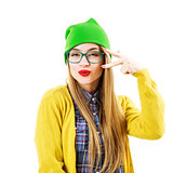 Funny Hipster Girl Going Crazy Isolated on White