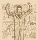 Sketch Businessman With Hands Up Against Love Story Background