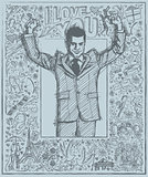 Sketch Businessman With Hands Up Against Love Story Background