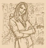 Sketch Woman With Crossed Hands Against Love Story Background