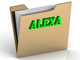 ALEXA- bright green letters on gold paperwork folder 