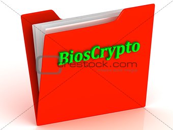 BiosCrypto- bright green letters on a gold folder 