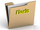 Florin- bright color letters on a gold folder 