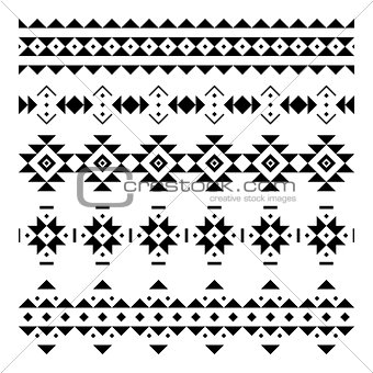 Set of seamless vector borders in the aztec style. Decorative elements in the ethnic style. Elements for cards, patterns and backgrounds.