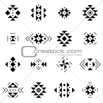 Set of vector elements in aztec style. Collection of traditional icons and shapes. Elements for textile and patterns.