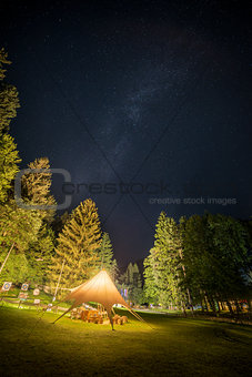 Camping Shelter at Starry Night Surrounded by Trees