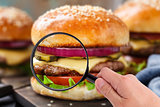 Magnifying glass examining burger 