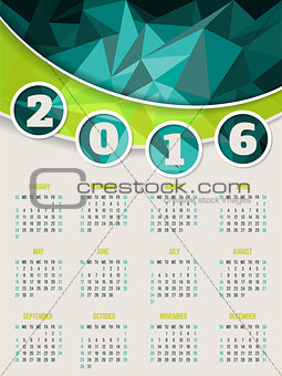Colorful 2016 calendar template with triangle background