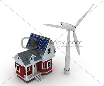 Solar panels on a house with wind turbine