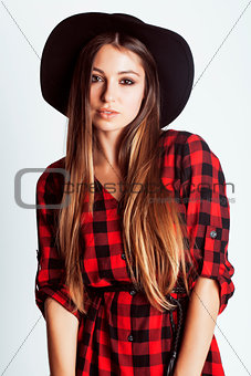 young pretty brunette girl hipster in hat on white background casual close up dreaming smiling. real american woman