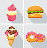 Set donut icon with pink glaze, Strawberry Muffin,  hamburger and Ice Cream with long shadow. Vector Illustration eps 10