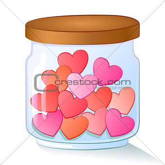 Vector cartoon illustration of a glass jar filled with red hearts